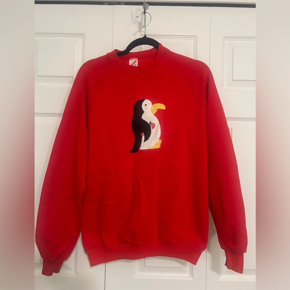 Christmas Jerzees Red Crewneck Sweater with Penguin Design